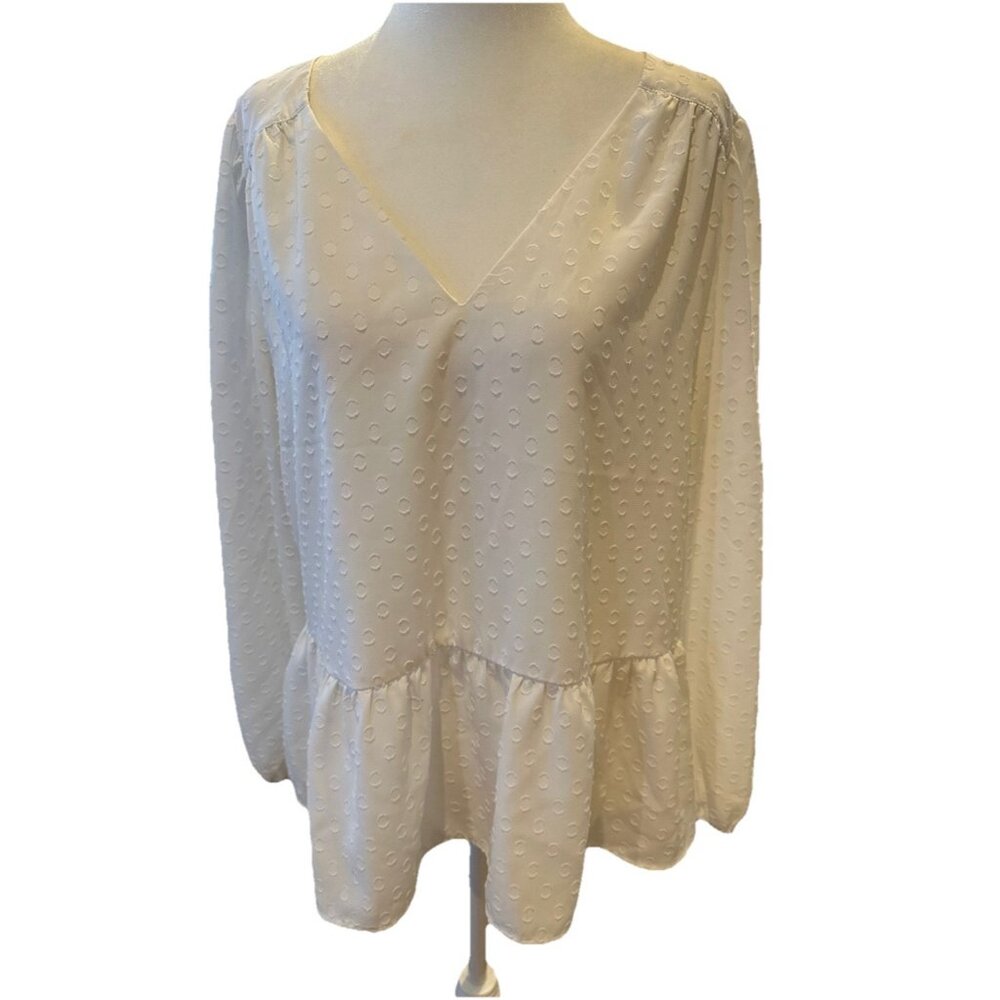 Ann Taylor LOFT White Peplum Polka Dots Long Sleeve Blouse Top SZ L